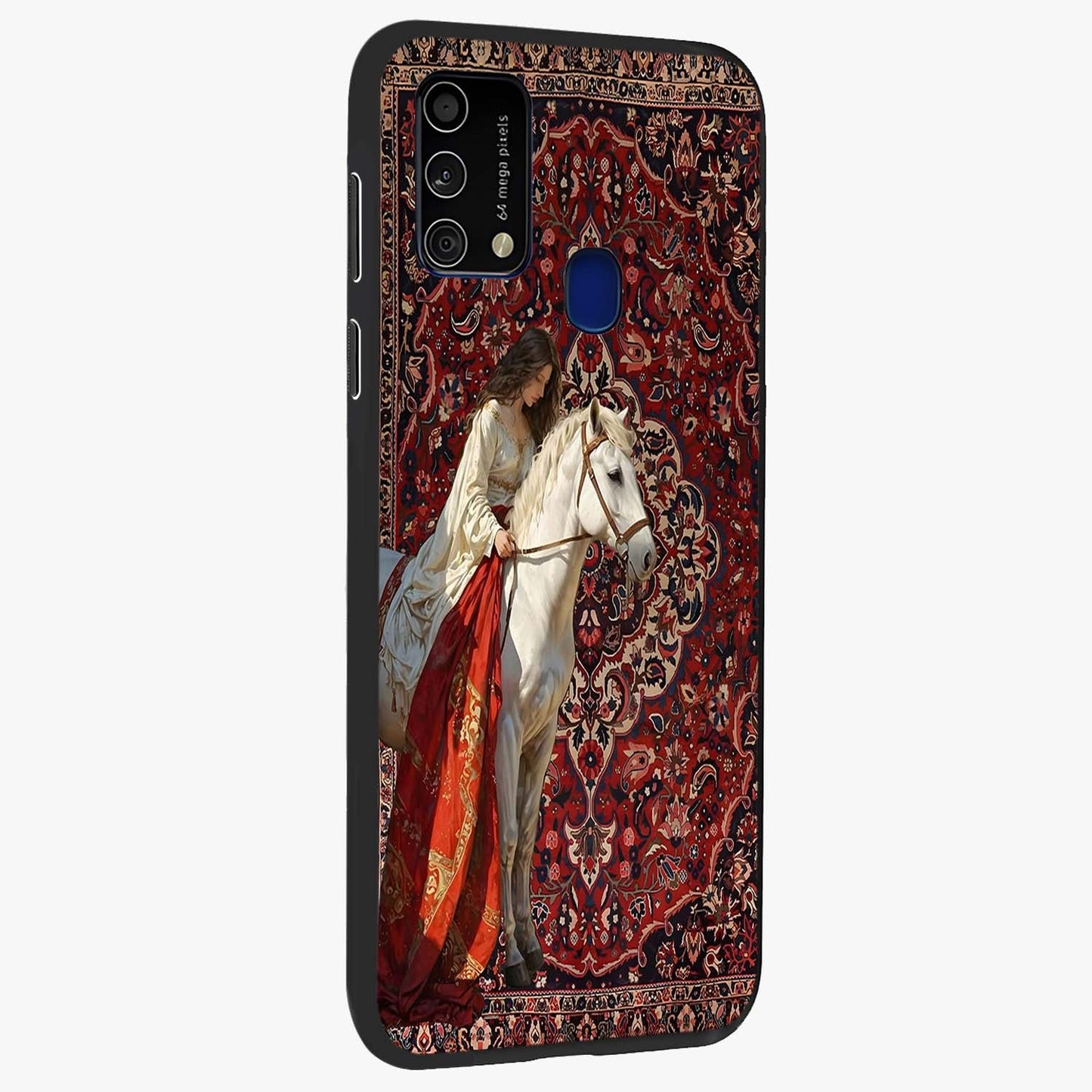Royal Rider Tapestry Glass Case upright view showcasing detailed rider artwork with classic tapestry theme.