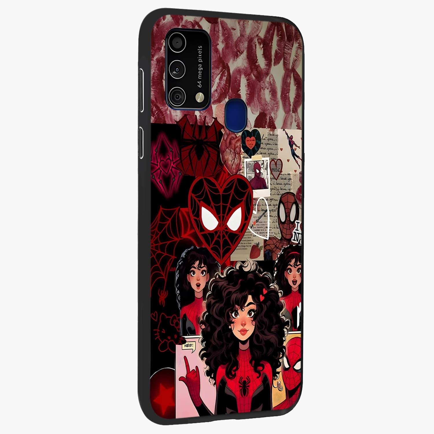 Spider Love Story Glass Case upright view showcasing charming superhero artwork with romantic comic theme.