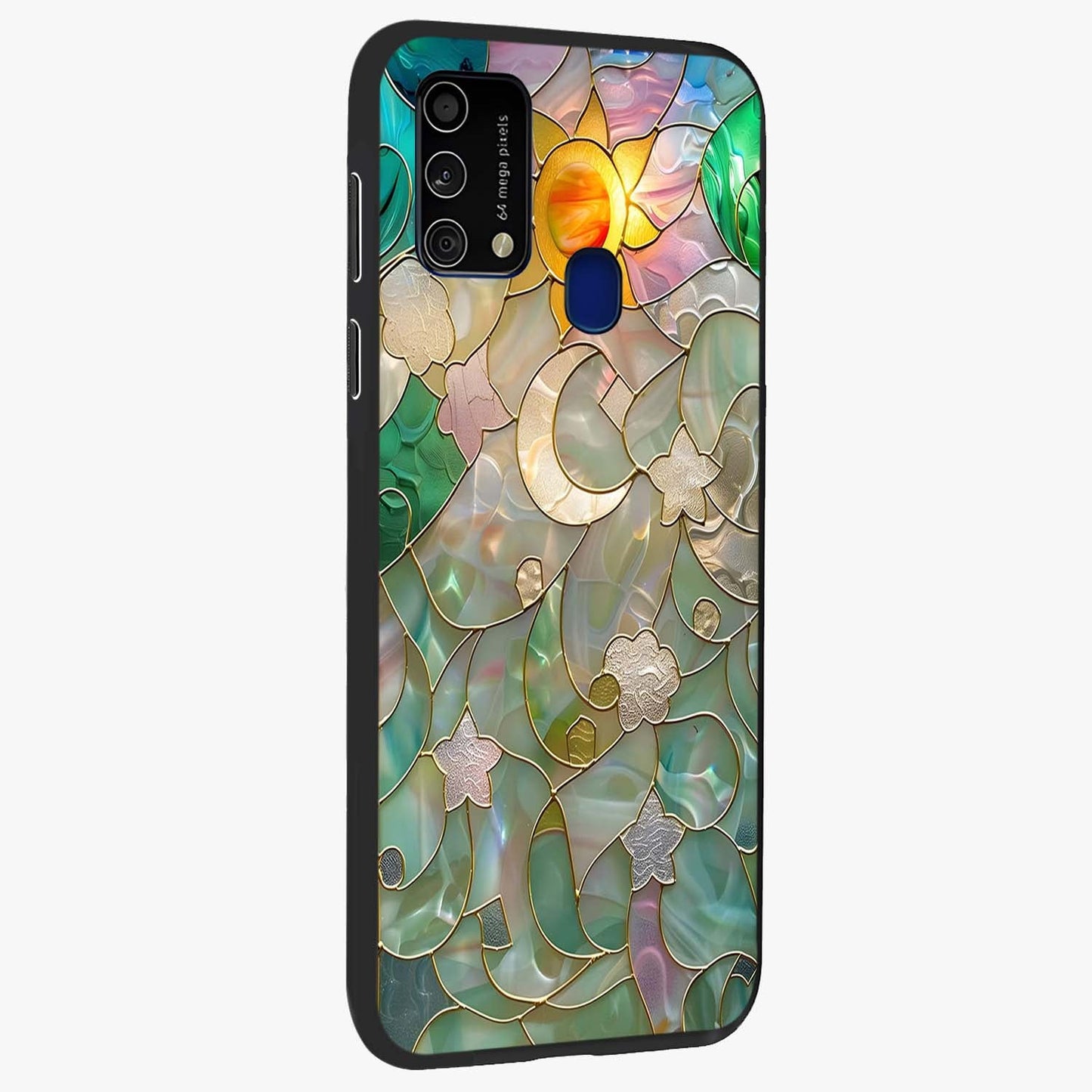 Stained Sunrise Glow Glass Case upright view showcasing colorful sunrise artwork with warm morning theme.