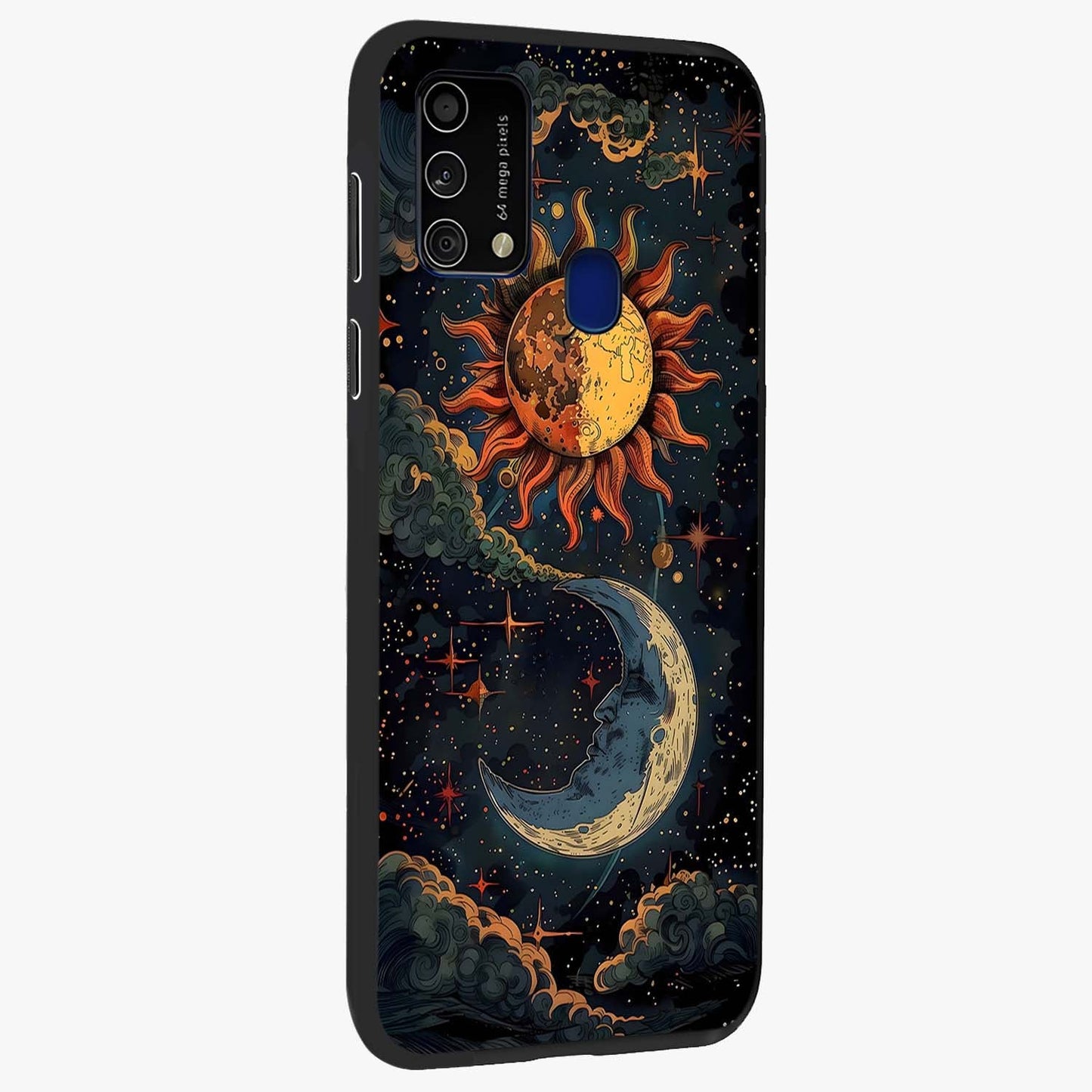 Sun And Moon Magic Design Glass Case upright view showcasing decorative sun and moon artwork with spiritual celestial theme.