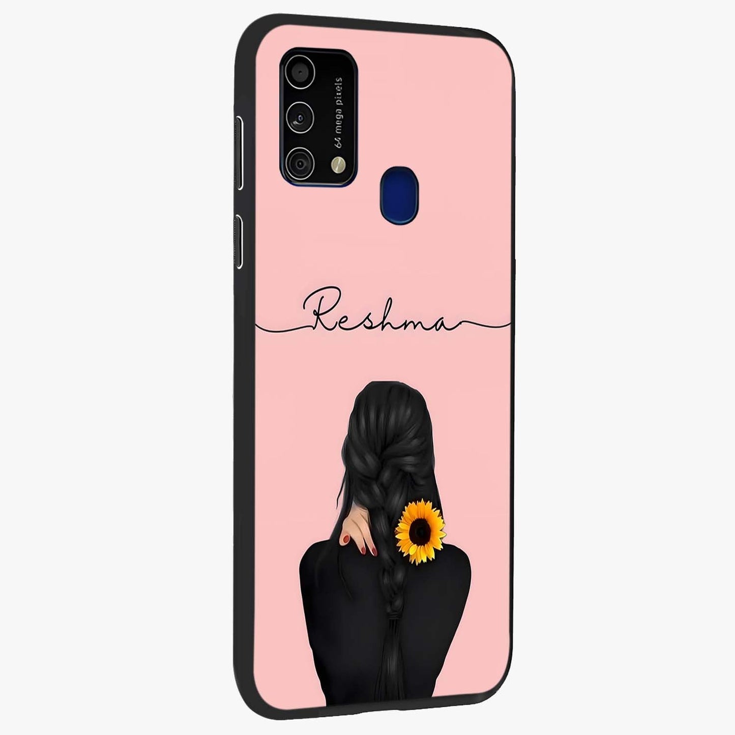 Sunflower Braid Beauty With Custom Name Glass Case upright view showcasing bright sunflower artwork with personalized floral aesthetic.