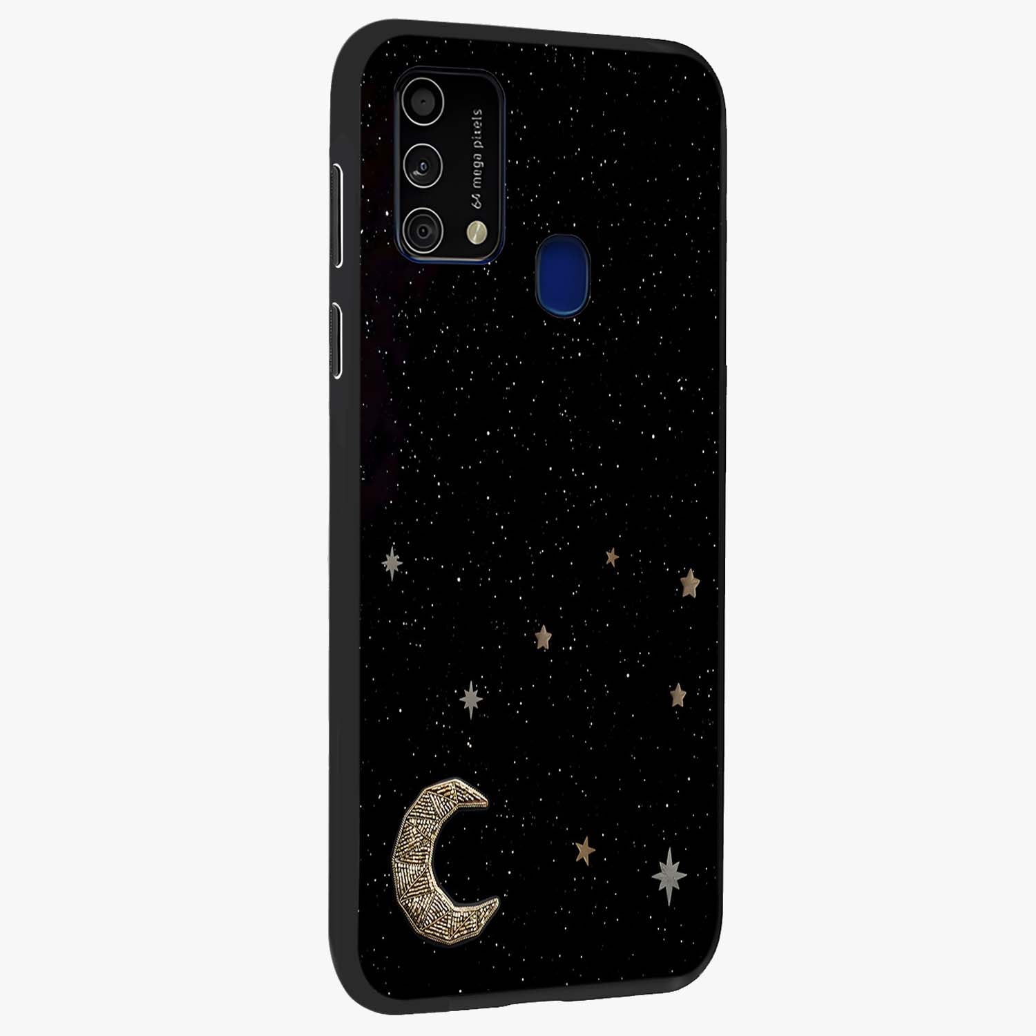 Twinkle Star With Half Moon Glass Case upright view showcasing glowing cosmic artwork with dreamy night theme.