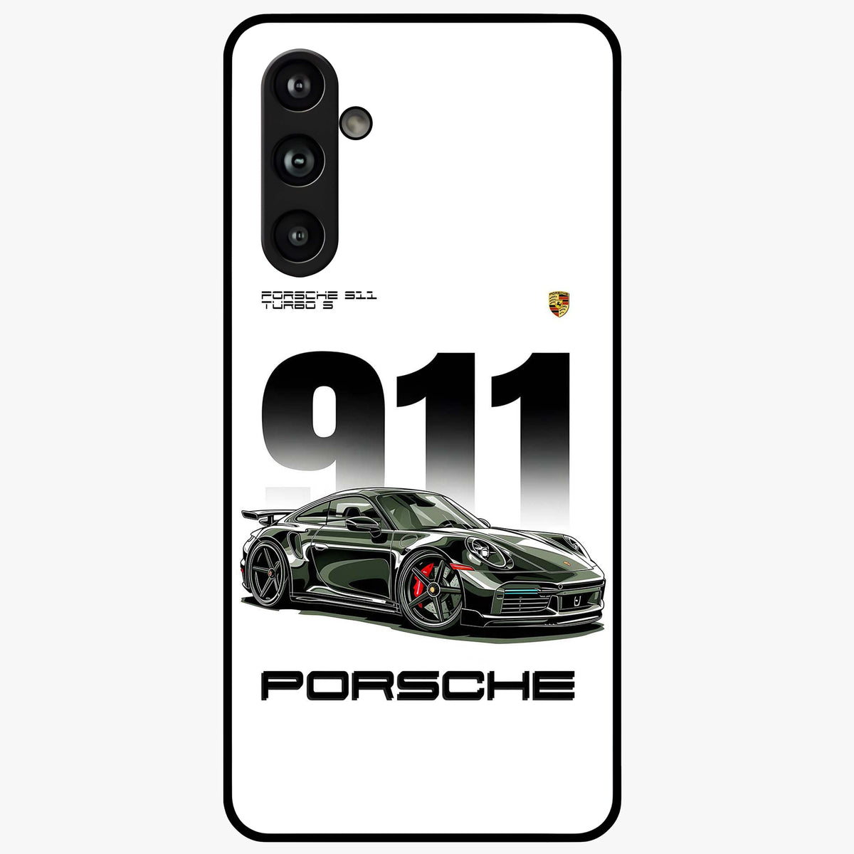 911 Turbo Dominance Glass Case showing clean flat back view with bold 911 sports car artwork and glossy glass finish.