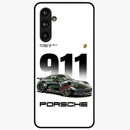 911 Turbo Dominance Glass Case showing clean flat back view with bold 911 sports car artwork and glossy glass finish.
