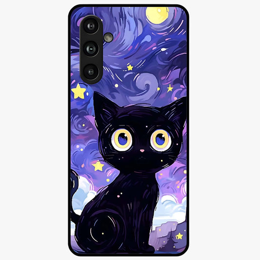 Abstract Cat Art Glass Case showing flat back view with artistic cat illustration and glossy glass finish.