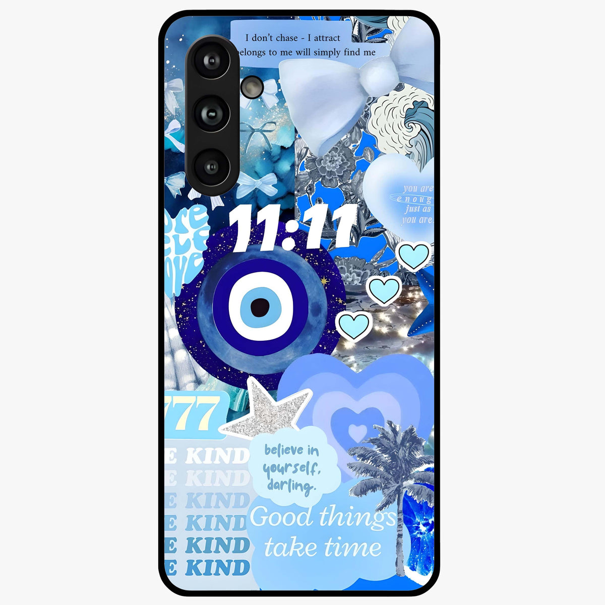 Aesthetic Be Kind Eye Glass Case showing flat back view with motivational eye artwork and glossy glass finish.