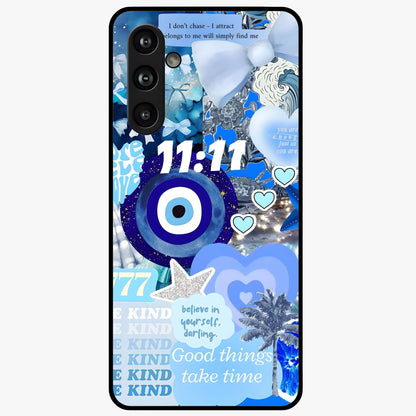 Aesthetic Be Kind Eye Glass Case showing flat back view with motivational eye artwork and glossy glass finish.