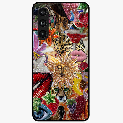 Beaded Fashion Jungle Glass Case showing flat back view with vibrant jungle inspired bead artwork and glossy glass finish.