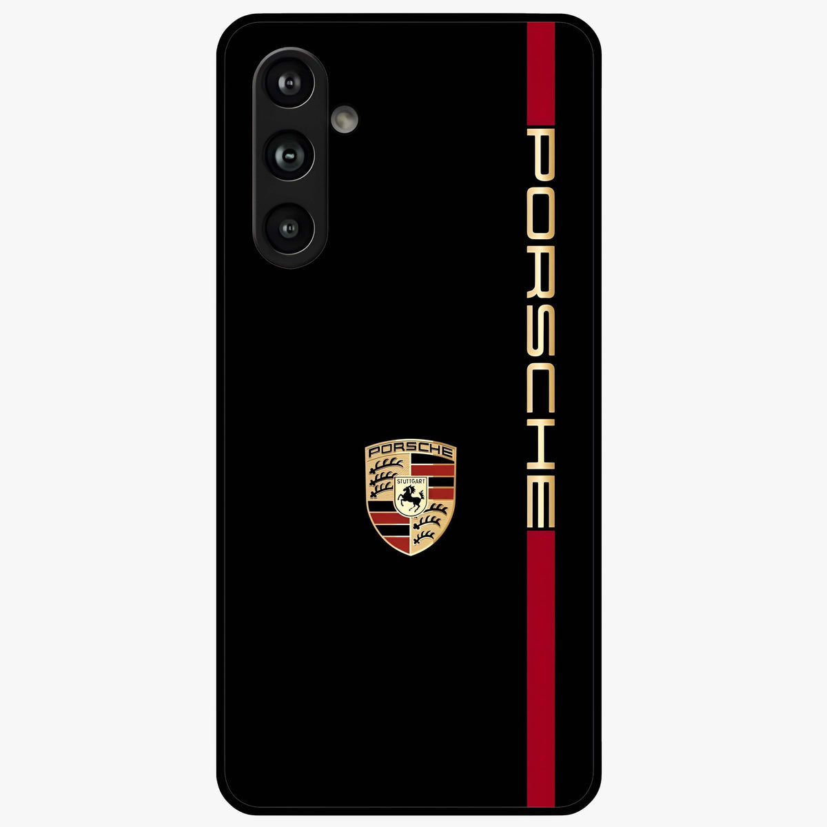 Black Minimal Porsche Glass Case showing flat back view with sleek minimal sports car artwork and glossy glass finish.