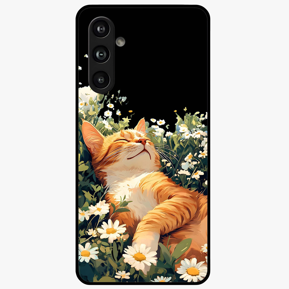 Blissful Bloom Cat Glass Case showing flat back view with cute cat and floral bloom artwork and glossy glass finish.