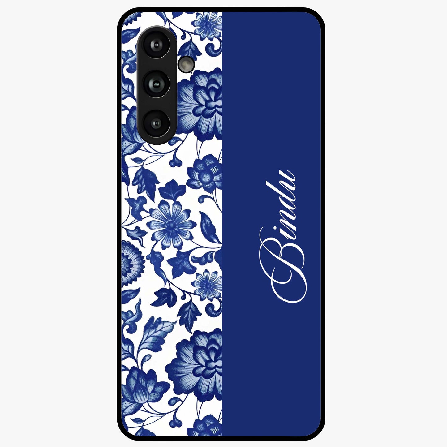 Blue Vintage Floral Pattern Glass Case upright view showcasing timeless floral illustration with vintage inspired style.