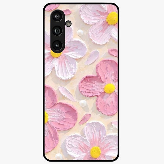 Blush Bloom Texture Glass Case showing flat back view with soft blush floral texture artwork and glossy glass finish.