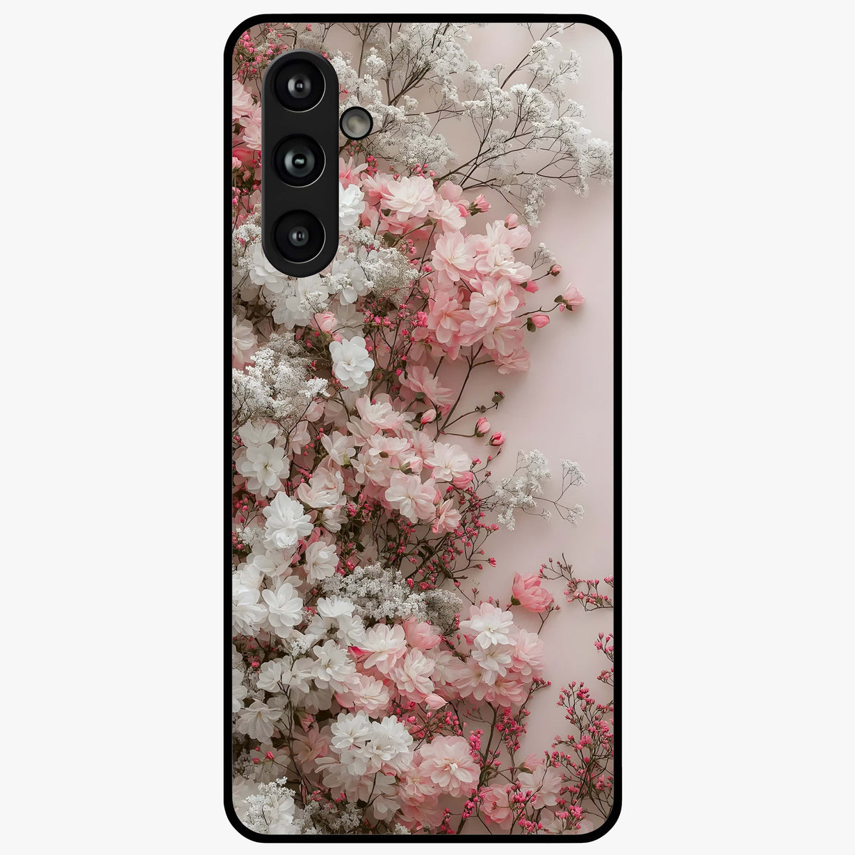Blush Blossom Cloud Glass Case showing flat back view with dreamy blush cloud blossom artwork and glossy glass finish.