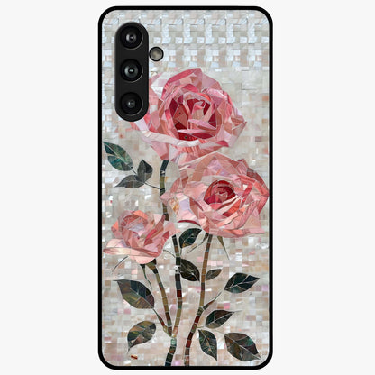 Blush Mosaic Bloom Glass Case showing flat back view with mosaic floral bloom artwork and glossy glass finish.