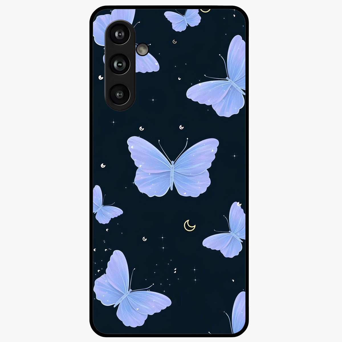 Butterfly With Stars Pattern Glass Case showing flat back view with butterfly and star pattern artwork and glossy glass finish.