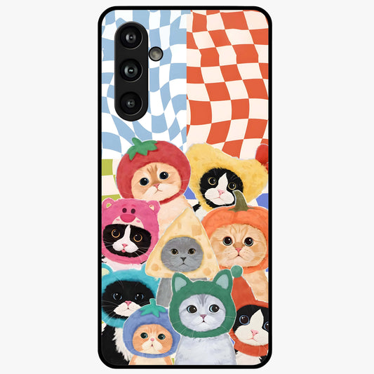 Cats in Fruits Glass Case showing flat back view with playful cat illustrations inside fruit artwork and glossy glass finish.