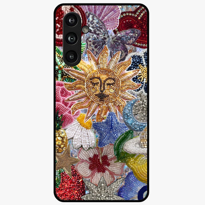 Celestial Floral and Playful Glass Case showing flat back view with floral and celestial themed artwork and glossy glass finish.