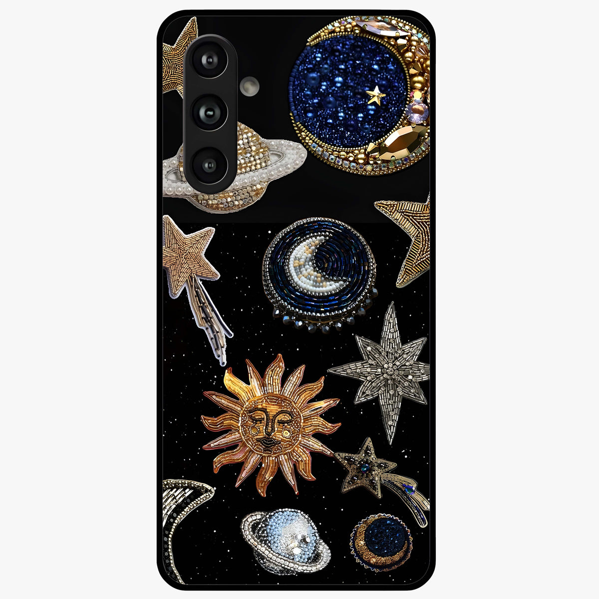 Celestial Gem Constellations Glass Case showing flat back view with sparkling constellation artwork and glossy glass finish.