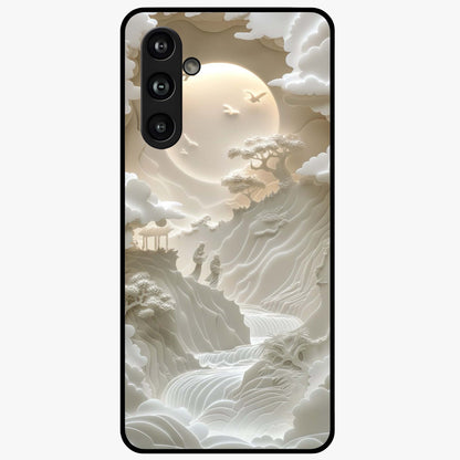 Celestial Origami Glass Case showing flat back view with artistic origami inspired celestial artwork and glossy glass finish.