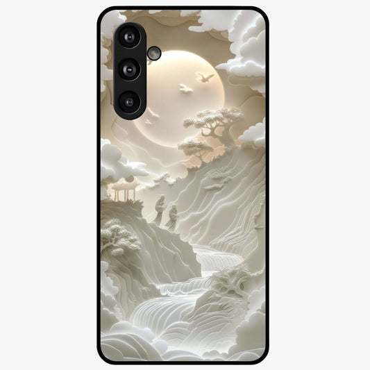 Celestial Origami Glass Case showing flat back view with artistic origami inspired celestial artwork and glossy glass finish.