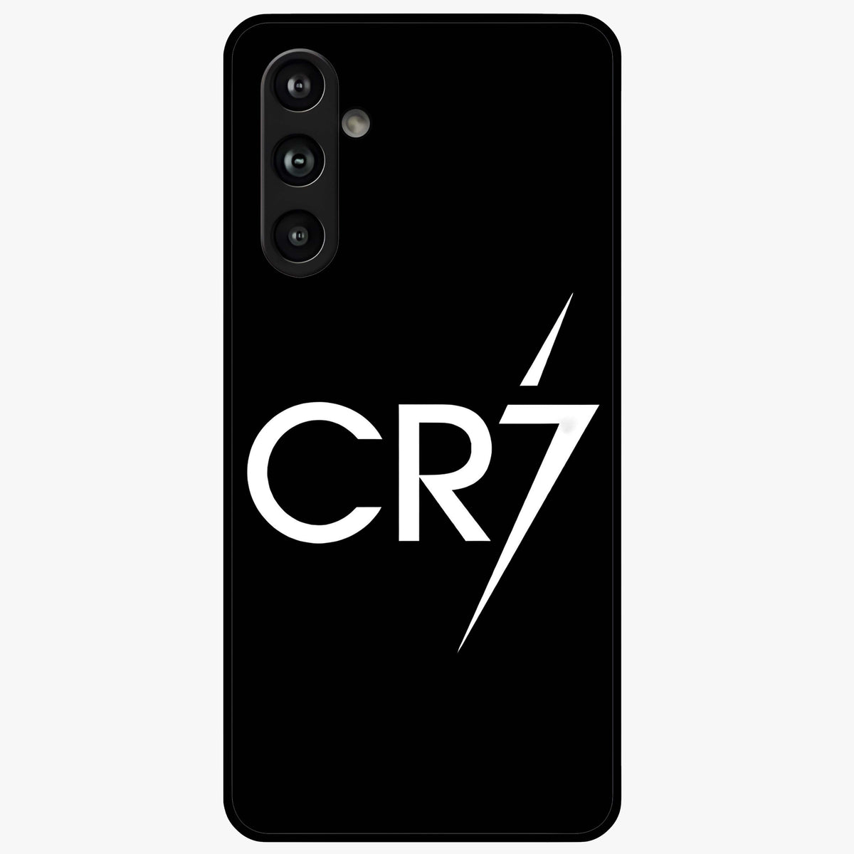 Cr7 Elite Strike Glass Case showing flat back view with dynamic football inspired artwork and glossy glass finish.