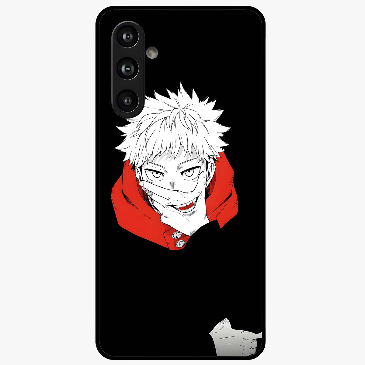 Crimson Chaos Smile Glass Case showing flat back view with bold chaotic smile artwork and glossy glass finish.