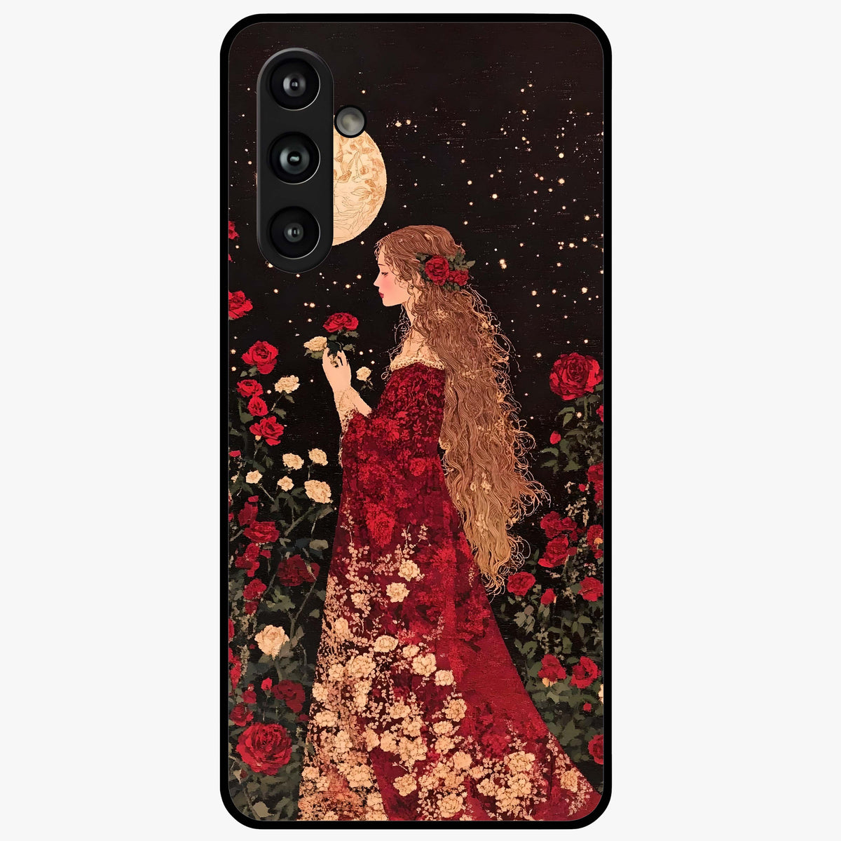 Crimson Dreams Glass Case showing flat back view with dreamy crimson artwork and glossy glass finish.