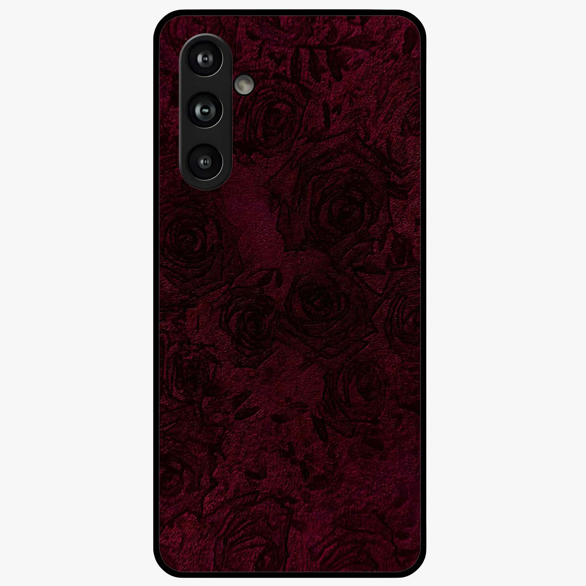 Crimson Fade Flow Glass Case showing flat back view with flowing crimson gradient artwork and glossy glass finish.