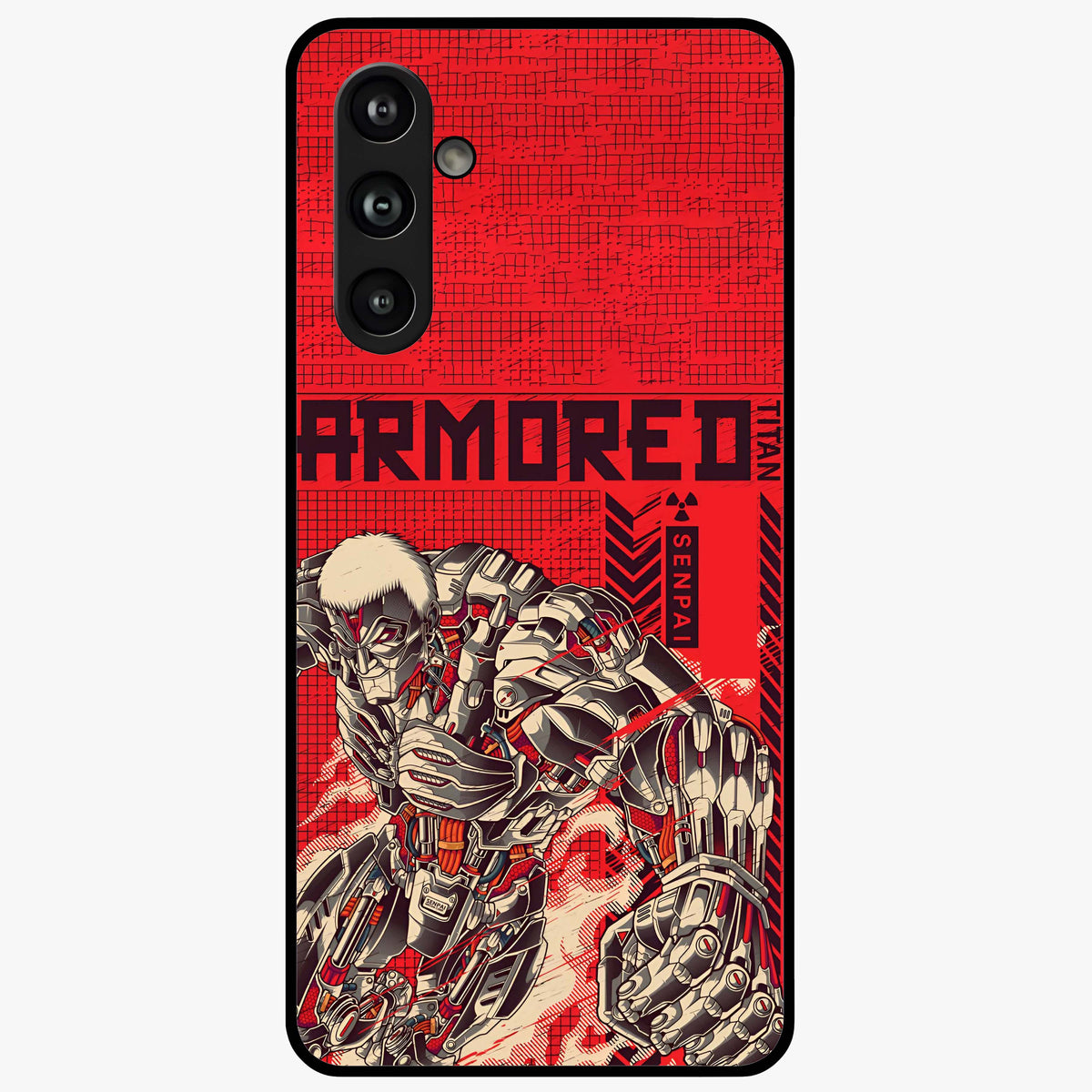 Crimson Mecha Titan Glass Case showing flat back view with powerful mech titan artwork and glossy glass finish.