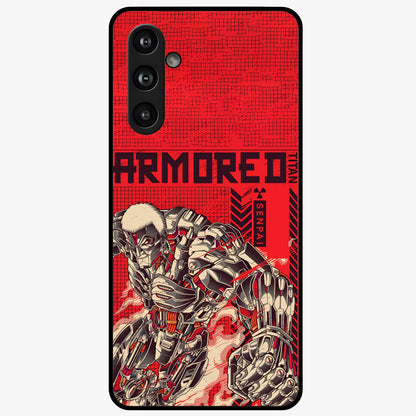 Crimson Mecha Titan Glass Case showing flat back view with powerful mech titan artwork and glossy glass finish.