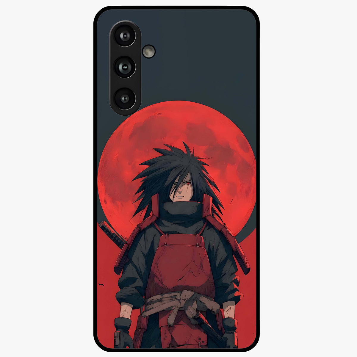 Crimson Moon Warlord Glass Case showing flat back view with mystical moon warrior artwork and glossy glass finish.