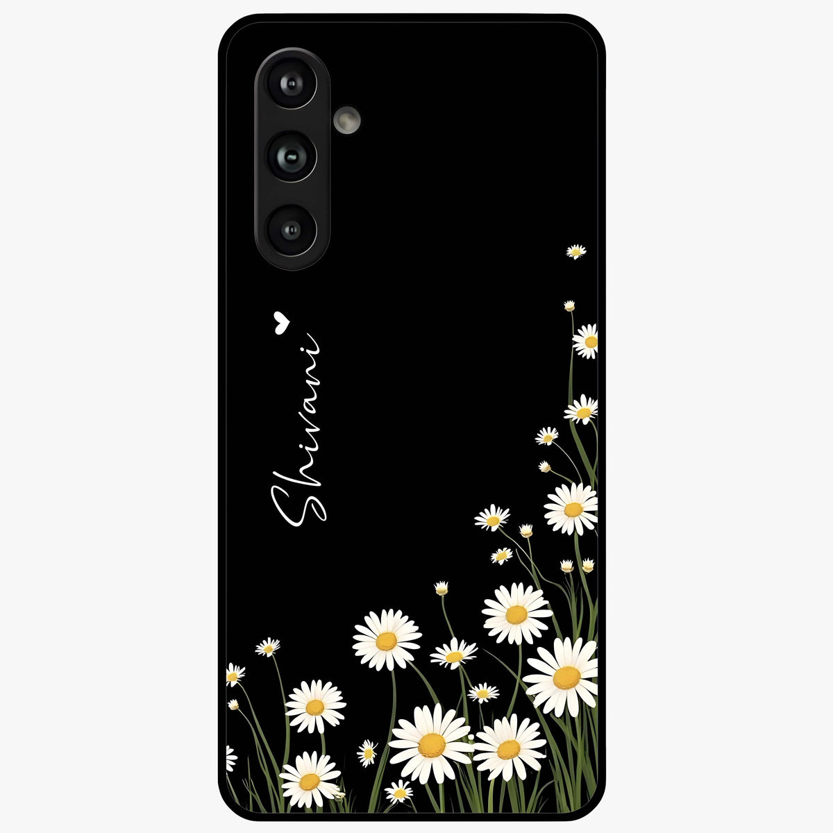 Daisy Cascade Custom Name Glass Case showing flat back view with cascading daisy flowers and personalized name design.