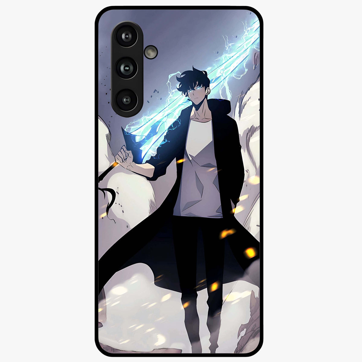 Dark Lightning Anime Warrior Glass Case showing flat back view with intense anime warrior artwork and glossy glass finish.