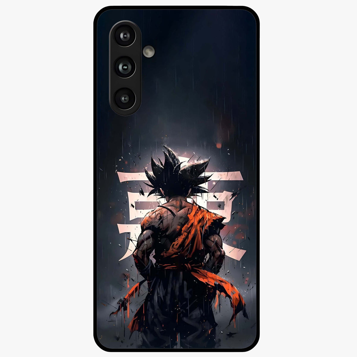 Dark Warrior In Rain Glass Case showing flat back view with warrior artwork in rainy atmosphere and glossy glass finish.