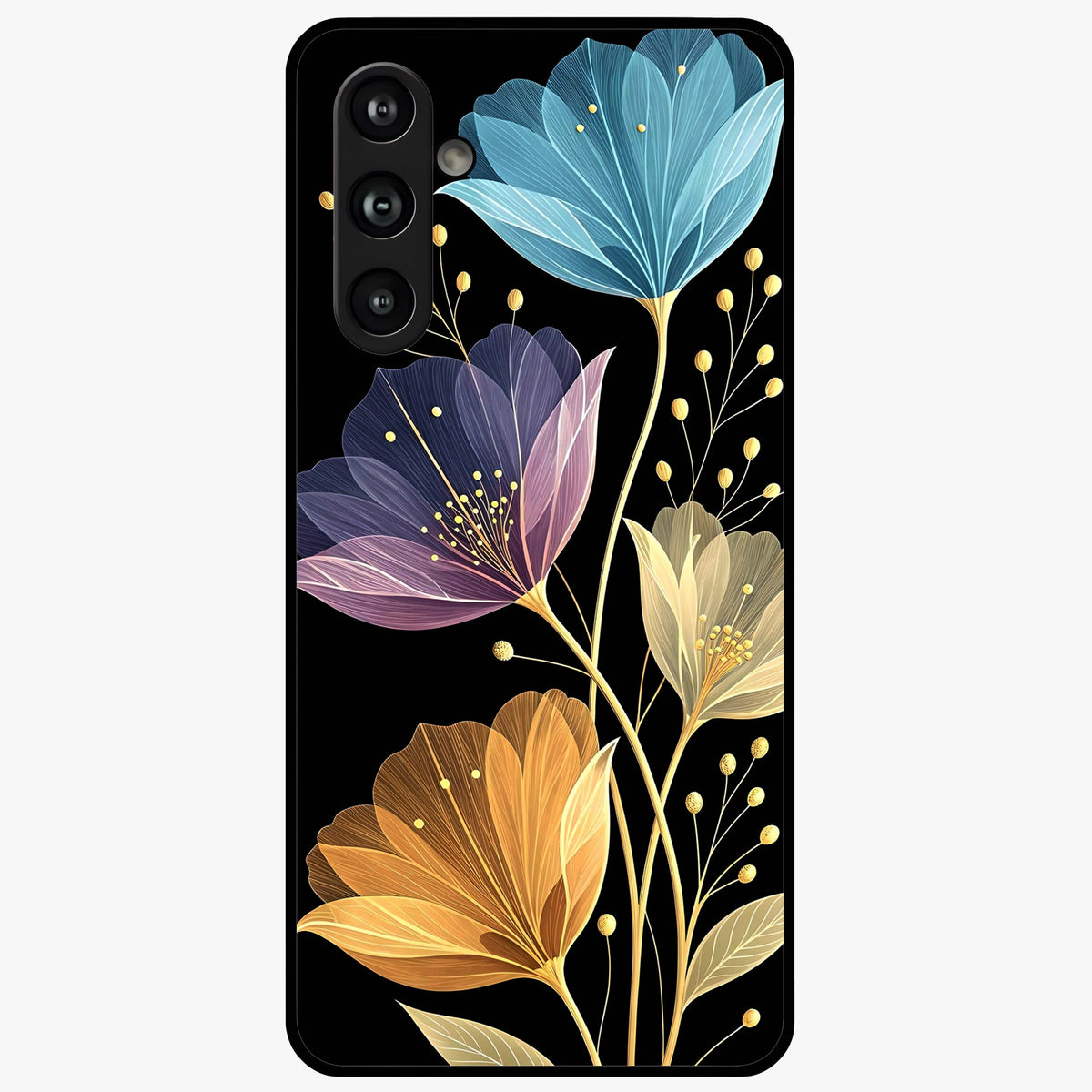 Delicate Multicolor Flowers Glass Case showing flat back view with vibrant floral artwork and glossy glass finish.