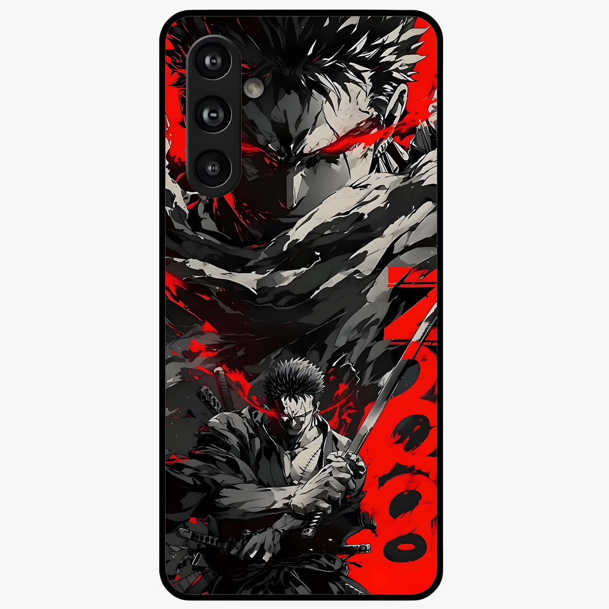 Demon Sword Resolve Glass Case showing flat back view with fierce sword warrior artwork and glossy glass finish.