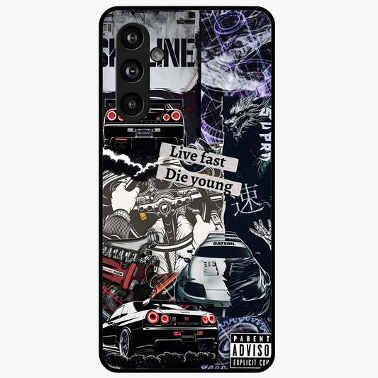 Die Young Glass Case showing flat back view with bold artistic typography design and glossy glass finish.