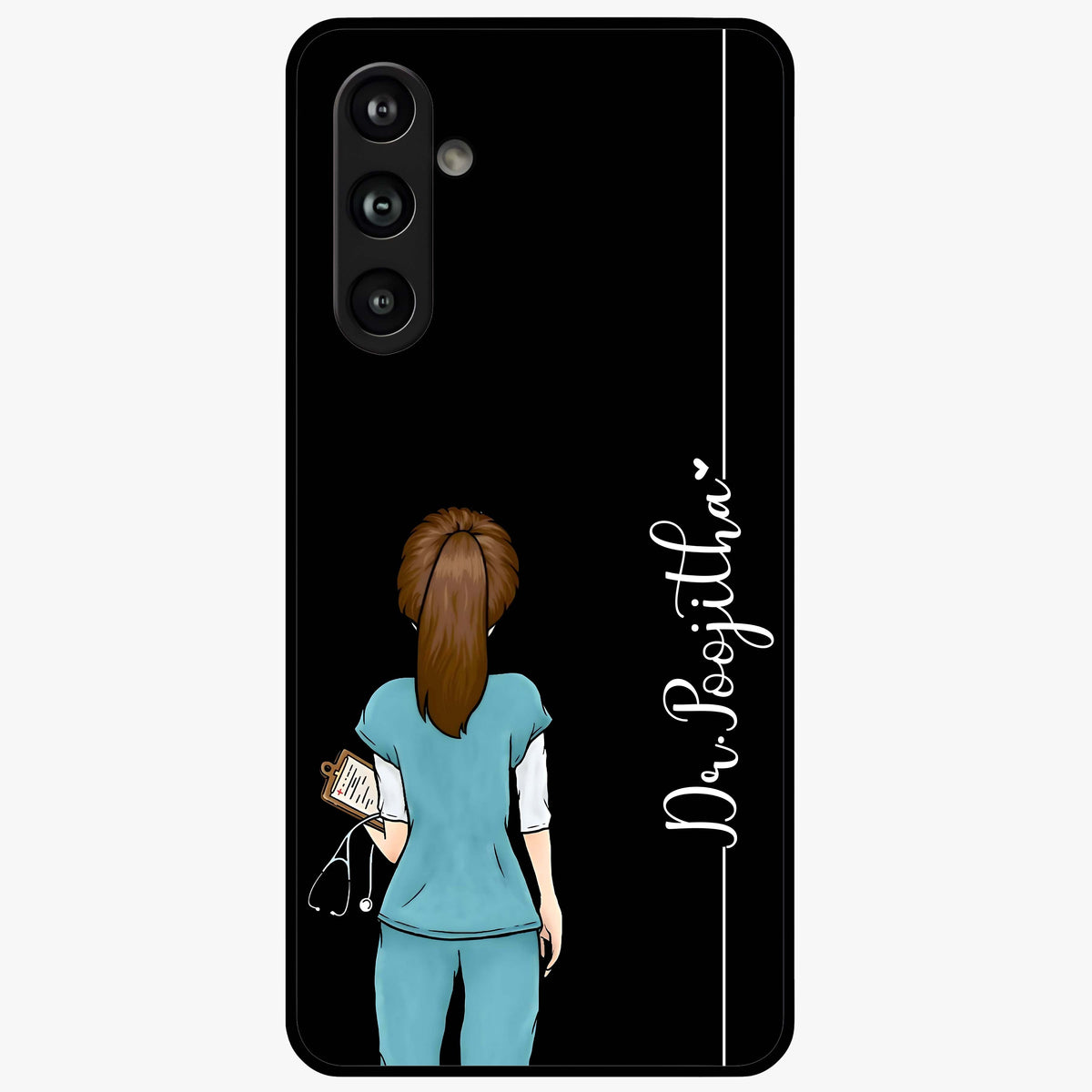 Doctor Pattern Custom Name Glass Case showing flat back view with medical themed pattern and personalized name design.