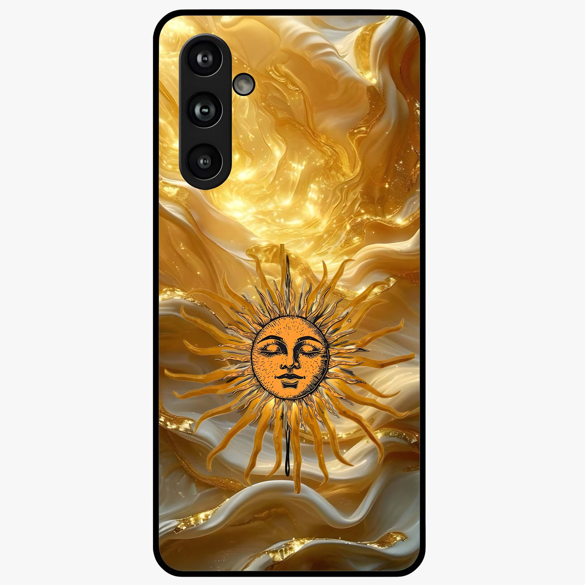Eternal Golden Glow Glass Case showing flat back view with radiant golden themed artwork and glossy glass finish.