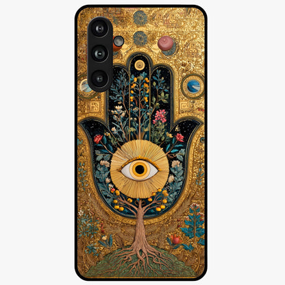 Ethereal Evil Eye Glass Case showing flat back view with mystical evil eye artwork and glossy glass finish.