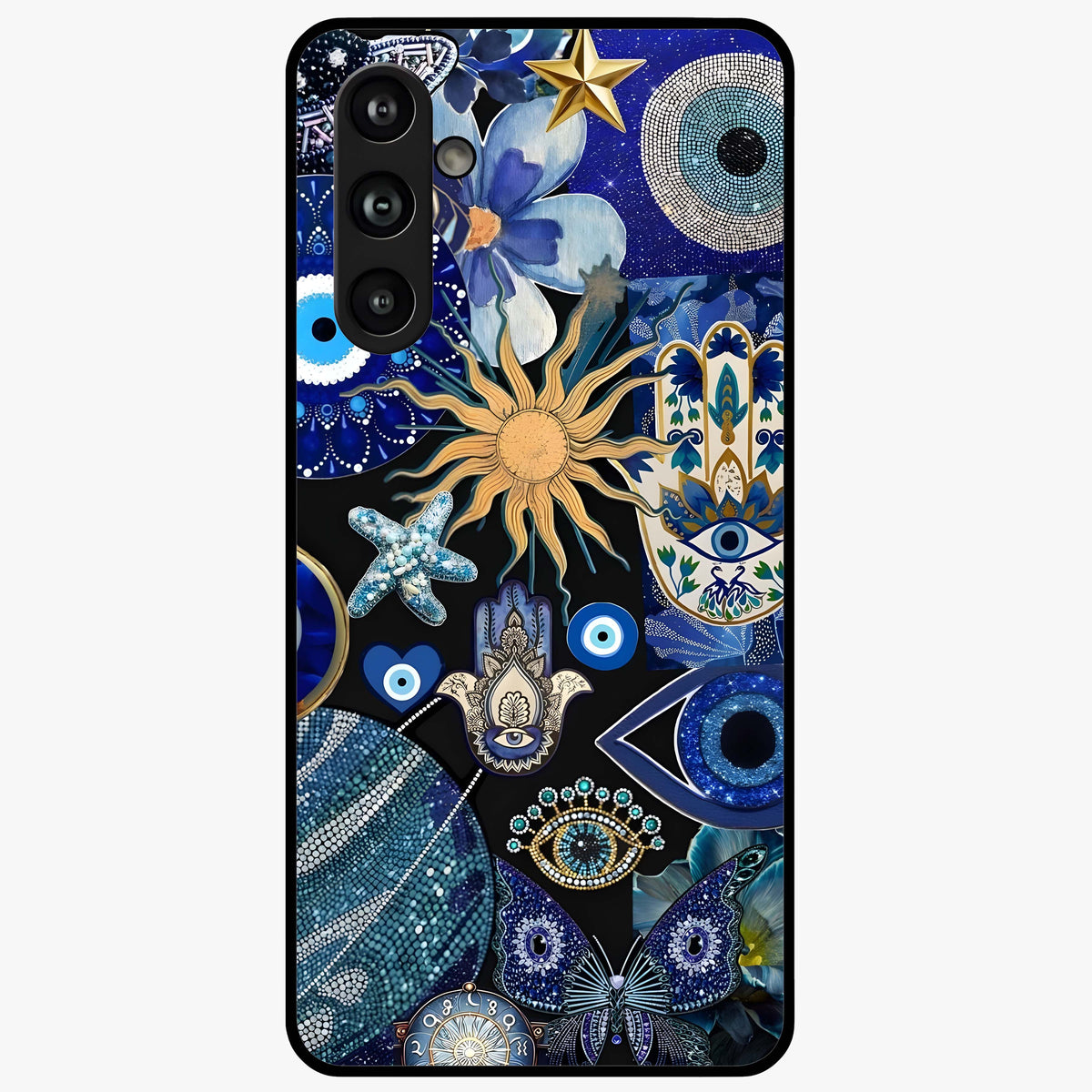 Evil Eye Charm Mix Glass Case showing flat back view with multiple evil eye charms artwork and glossy glass finish.