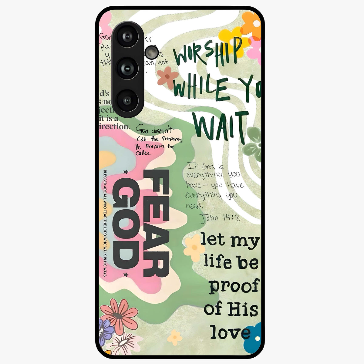 Faith Over Fear Glass Case showing flat back view with motivational typography artwork and glossy glass finish.