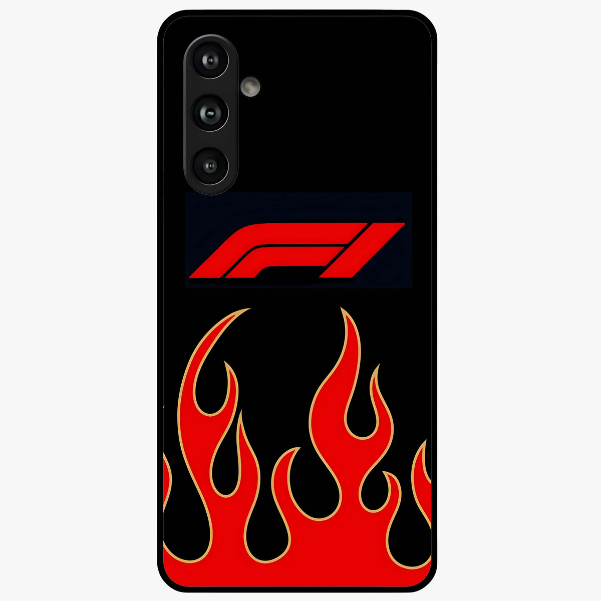 Fire F11 Glass Case showing flat back view with fiery themed artwork and glossy glass finish.