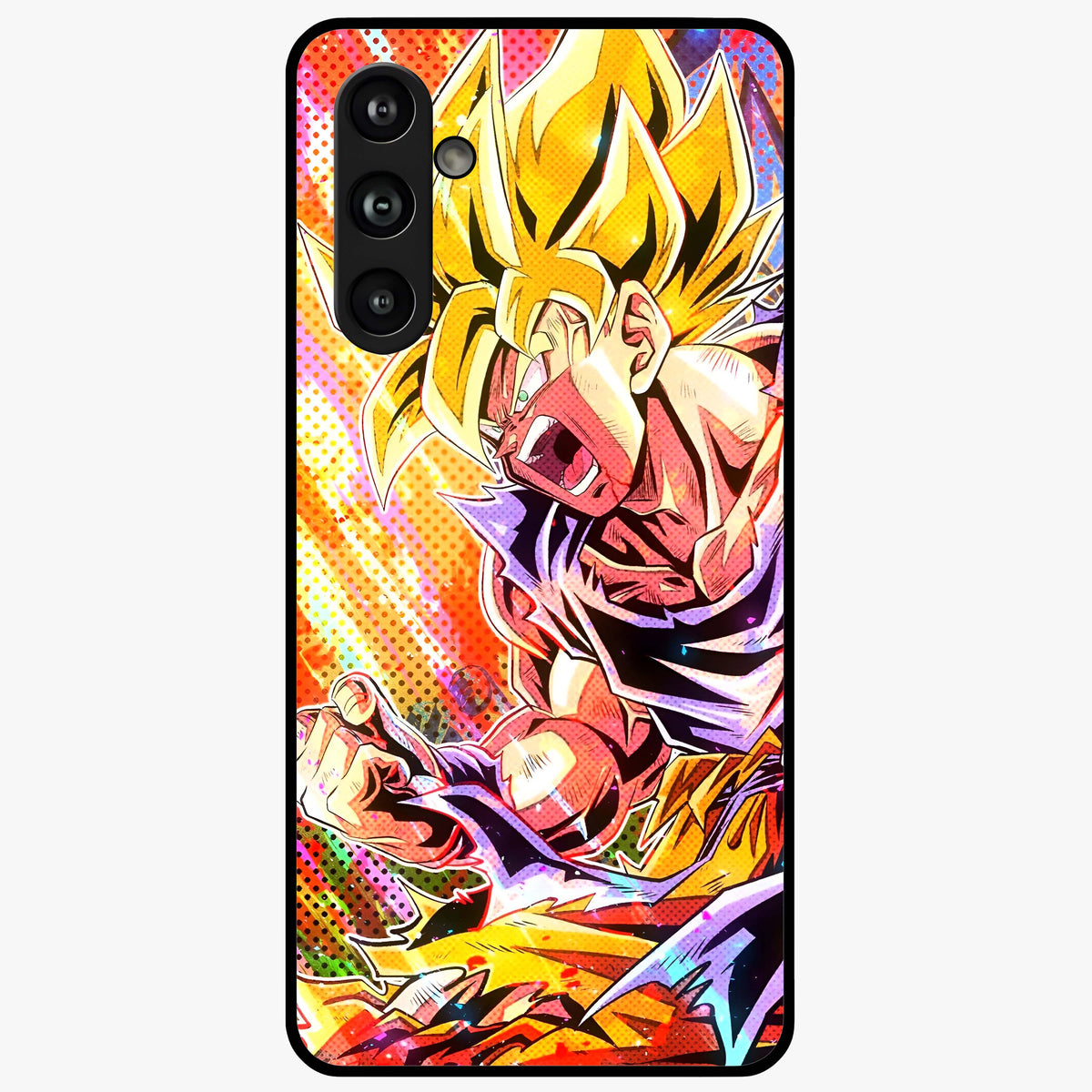 Firing Goku Glass Case showing flat back view with powerful anime inspired artwork and glossy glass finish.
