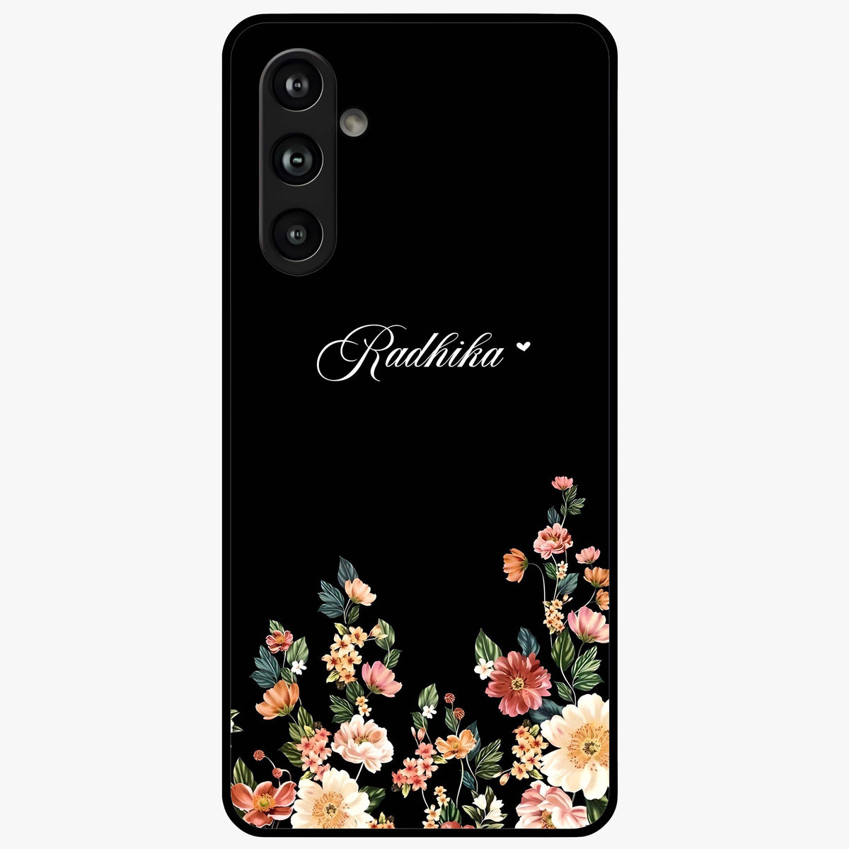 Floral Design With a Custom Personalized Name Glass Case showing flat back view with floral artwork and personalized name design.