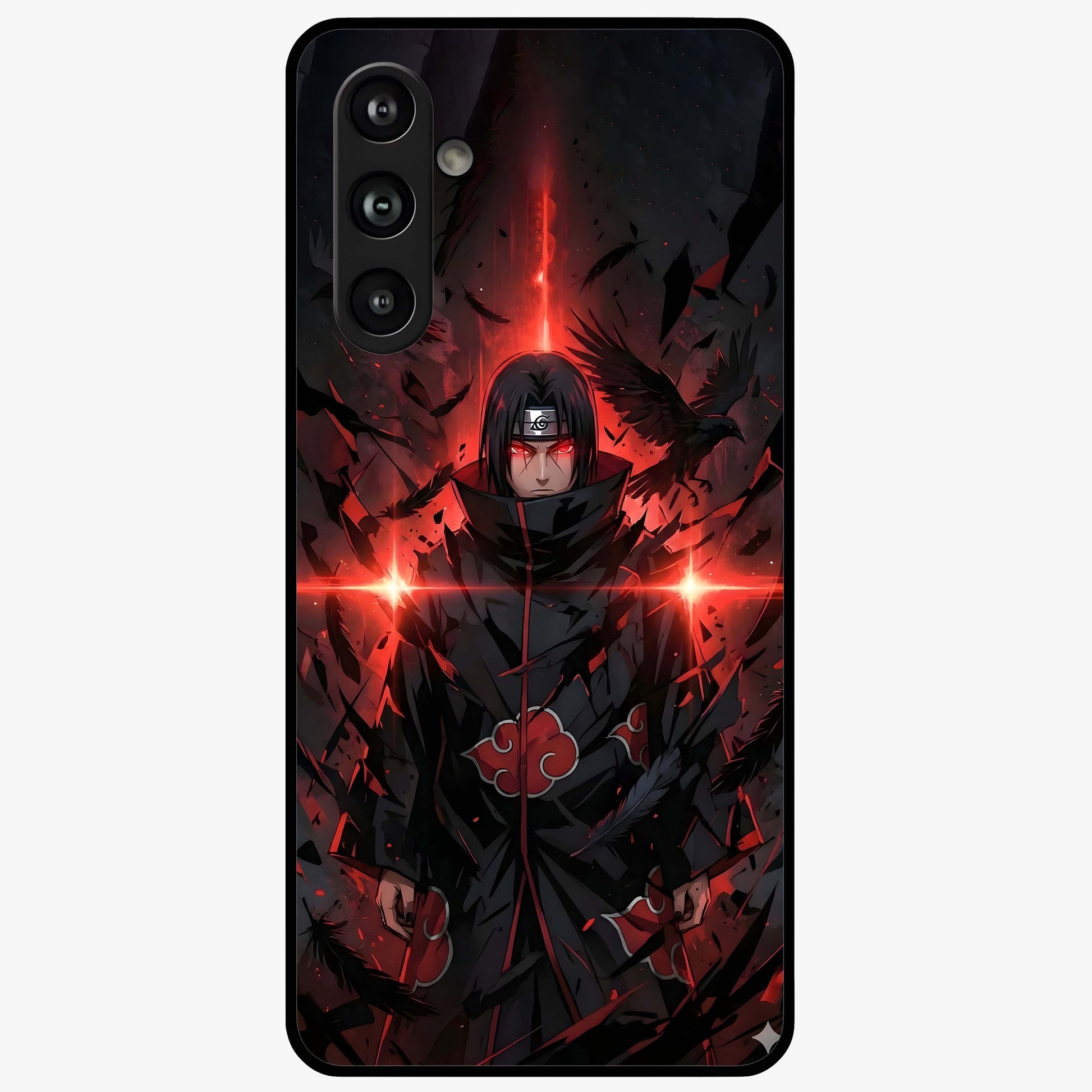 Focused Blade Discipline Glass Case showing flat back view with warrior sword themed artwork and glossy glass finish.