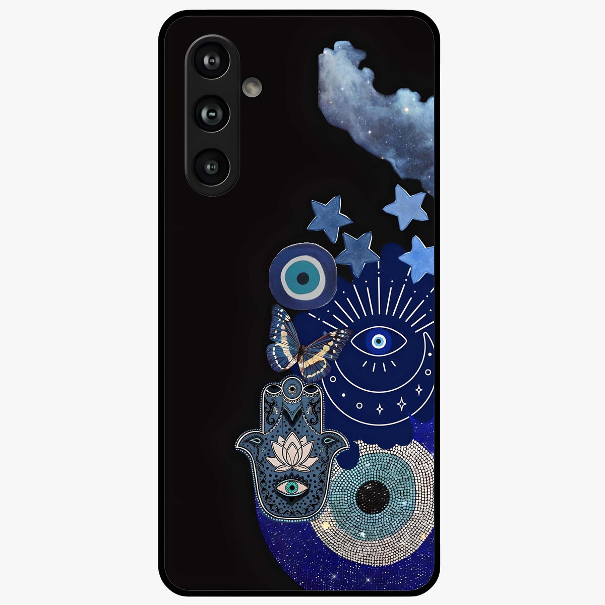 Galactic Charm Cluster Glass Case showing flat back view with glowing celestial charm artwork and glossy glass finish.