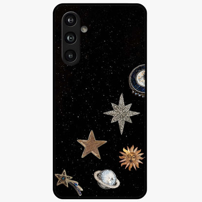 Galactic Charm Glow Glass Case showing flat back view with glowing celestial charm artwork and glossy glass finish.