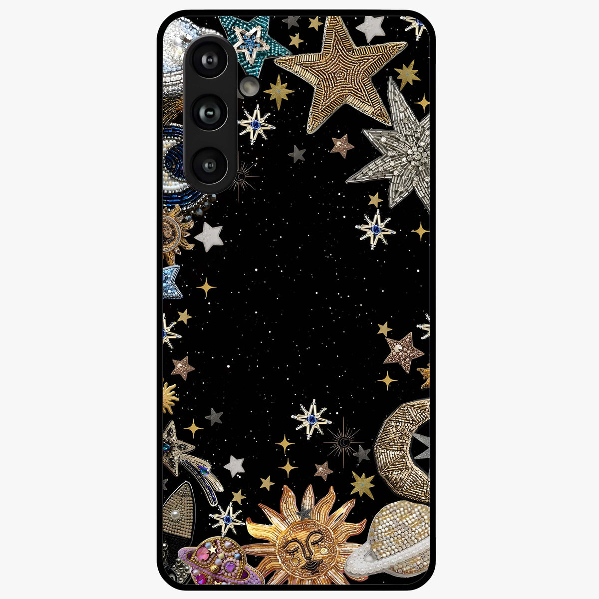 Galactic Jewel Stars Glass Case showing flat back view with sparkling star jewel artwork and glossy glass finish.