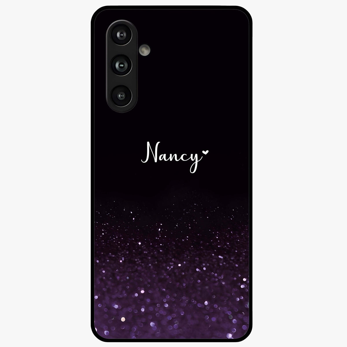 Glittery Purple Bokeh Custom Name Glass Case showing flat back view with purple bokeh sparkle artwork and personalized name design.